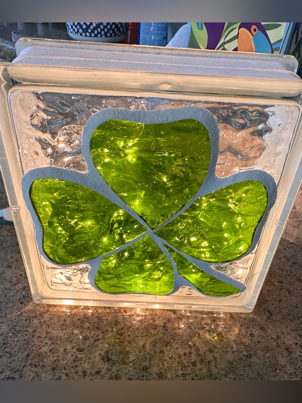 Stained glass SHAMROCK handmade light up block with switch for lights.